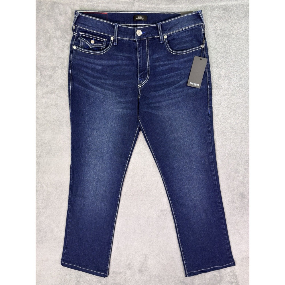 New True Religion Jeans Mens 34x31 Blue Ricky Relaxed Straight Flap Pocket Denim